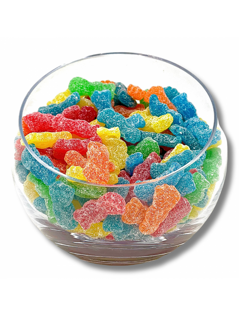 Colorful Sour Patch Kids candy in an 8oz bag, known for their sour then sweet flavor.