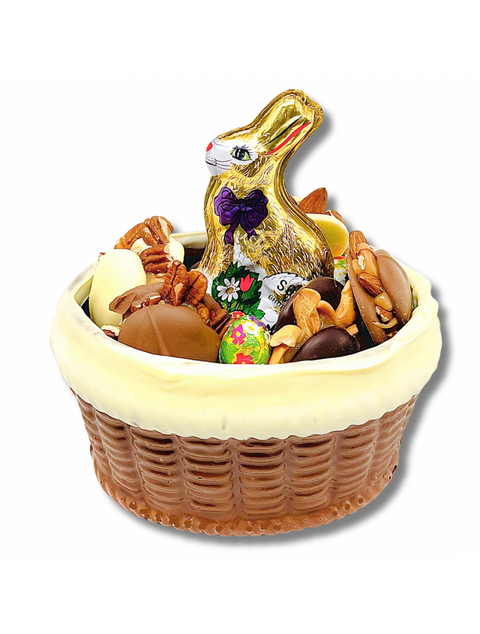 Easter Turtle Basket filled with 15 assorted Chocolate Turtles, a Milk Chocolate Foiled Rabbit, and Milk Chocolate Foiled Eggs, perfect for Easter celebrations.