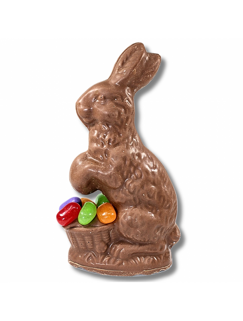 Milk Rabbit With Jelly Beans by Phillips Chocolate, featuring a solid milk chocolate rabbit carrying a colorful basket of jelly beans.