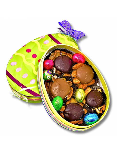 EGG BOX - SALTED TURTLES filled with chocolate sea salt turtles and foil-wrapped chocolate eggs, perfect gift for chocolate lovers