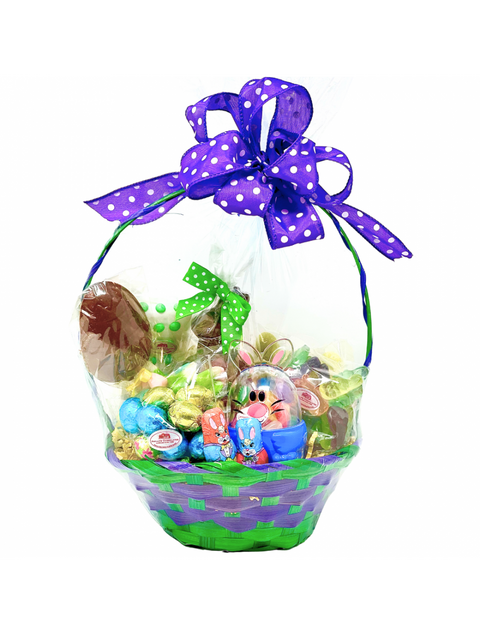 Round Weave Basket filled with Easter treats including a milk chocolate rabbit, festive foiled chocolates, colorful jelly beans, and nostalgic button candy for a delightful spring surprise.