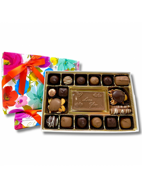Mother's Day Celebration Box filled with an assortment of milk and dark chocolates featuring a milk chocolate 'Happy Mother's Day' card.