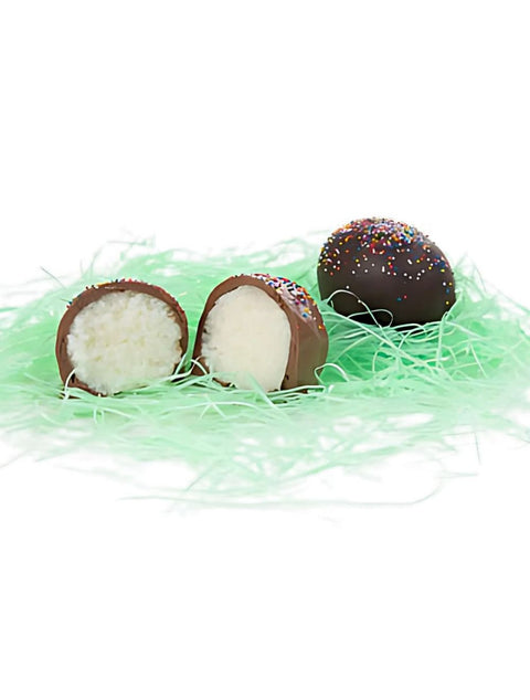 SMALL MILK COCONUT EGG - A Creamy Coconut Filling with premium milk chocolate and colorful sprinkles.