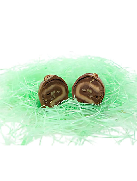 SMALL TURTLE EGG - Creamy Pecan Nut Fudge with Caramel, a delightful bite-sized treat featuring chocolate fudge, caramel, and pecans in a milk chocolate shell.